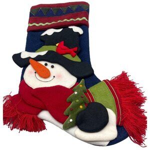 Christmas stocking layered snowman robin bird tree scarf carrot blue 18" READ